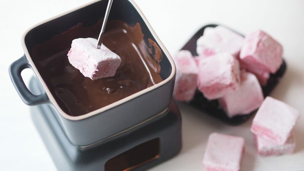 Delicious chocolate fondue with marshmallows